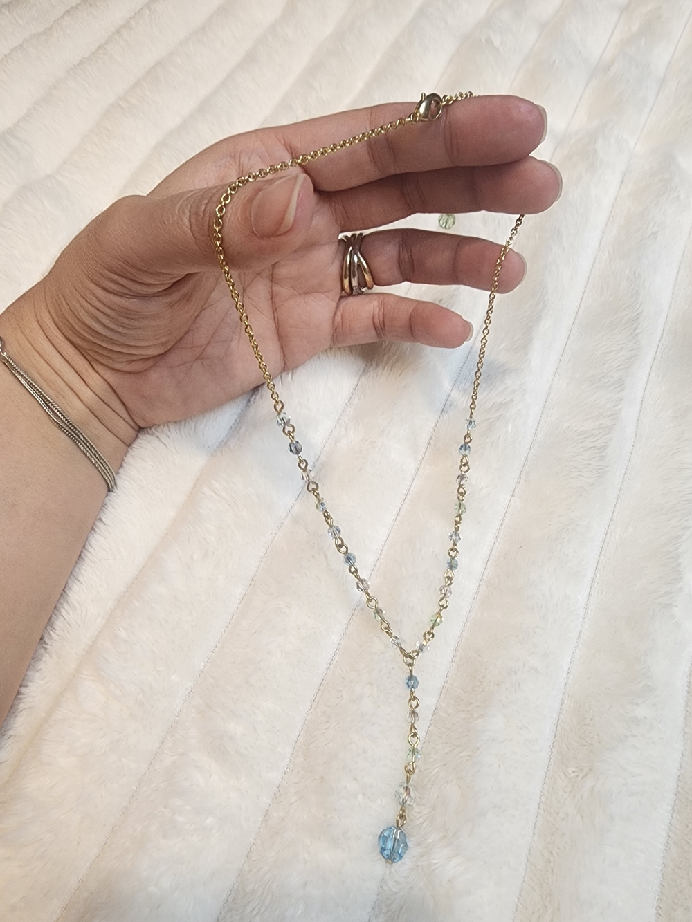 Gold Tone Blue Green Faceted Bead Y Drop Necklace Adjustable